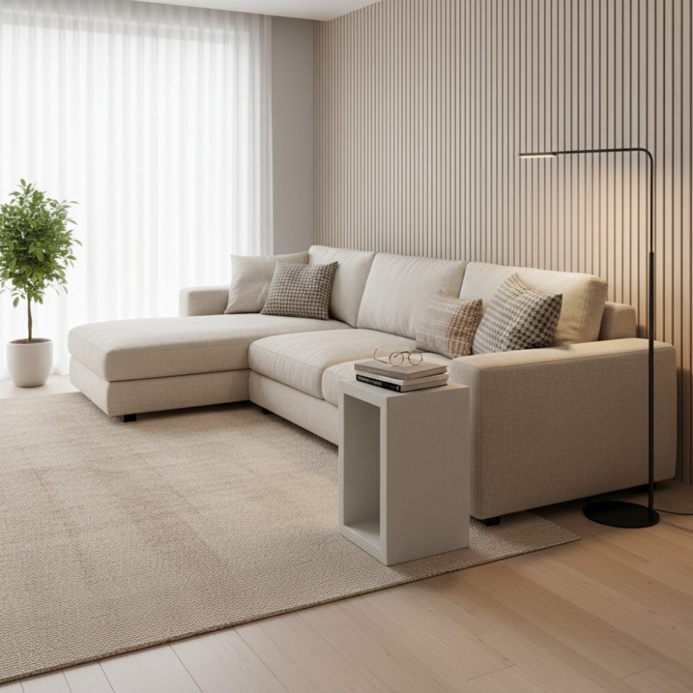 ソファ横に配置し、本や眼鏡などを手の届く位置にまとめるサイドテーブル