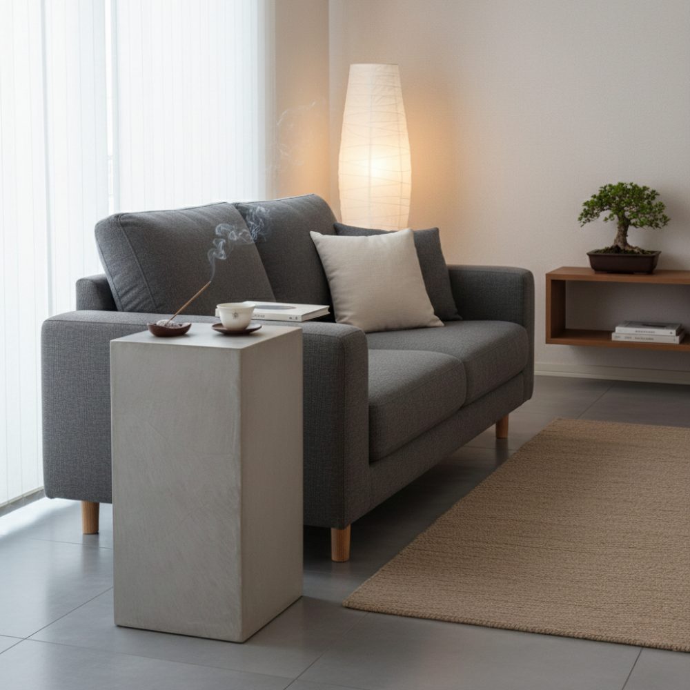 ソファ横に配置し、湯呑みや香炉、本などを置くための一時的なサイドテーブル