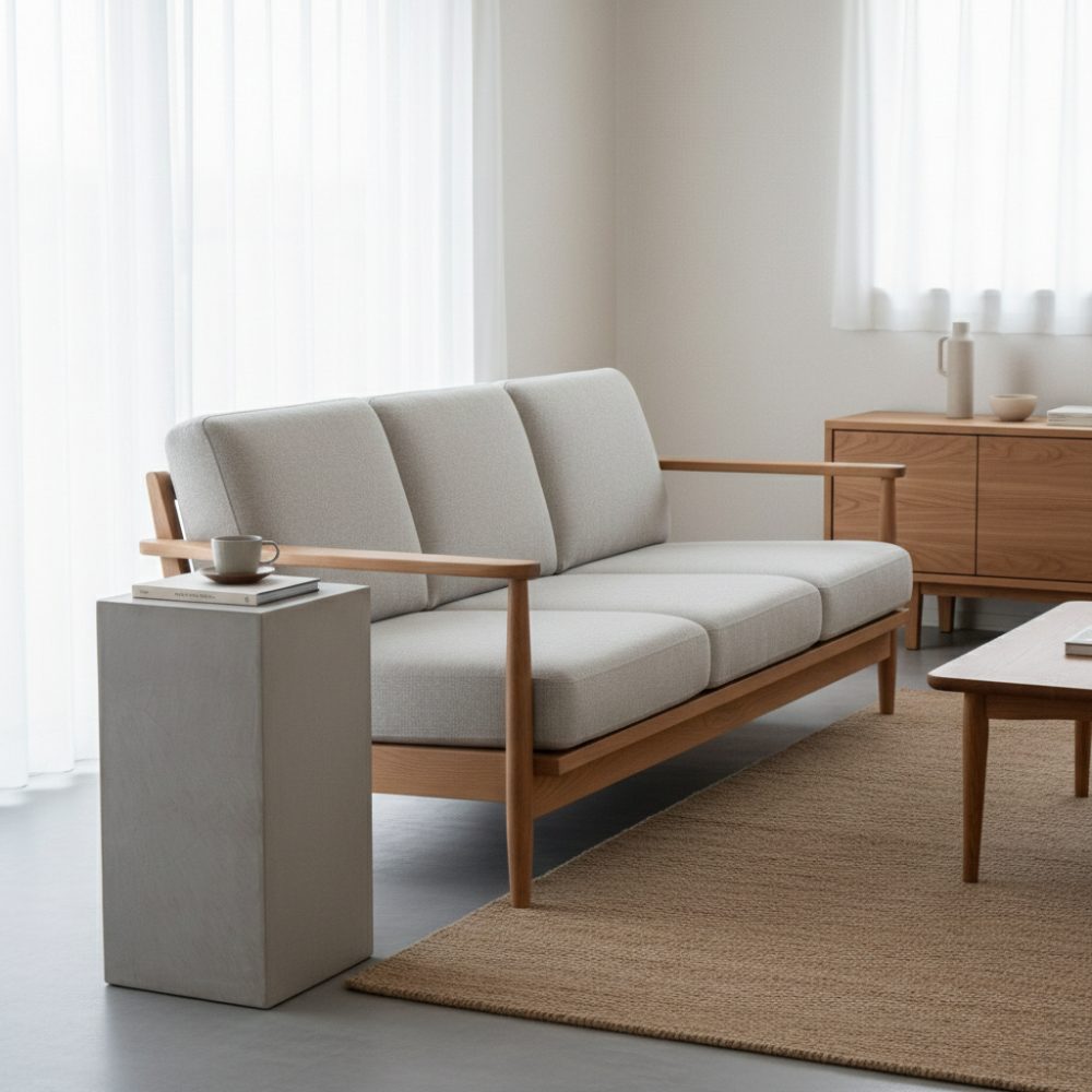 サイドテーブル ソファ横に配置し、カップや本を置く