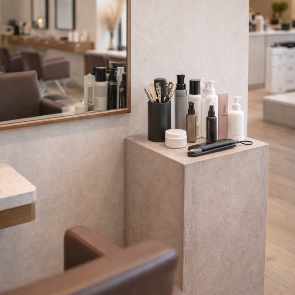 照明や植物、小物を分けて配置することで、それぞれを引き立てながら、奥行きのあるディスプレイが可能