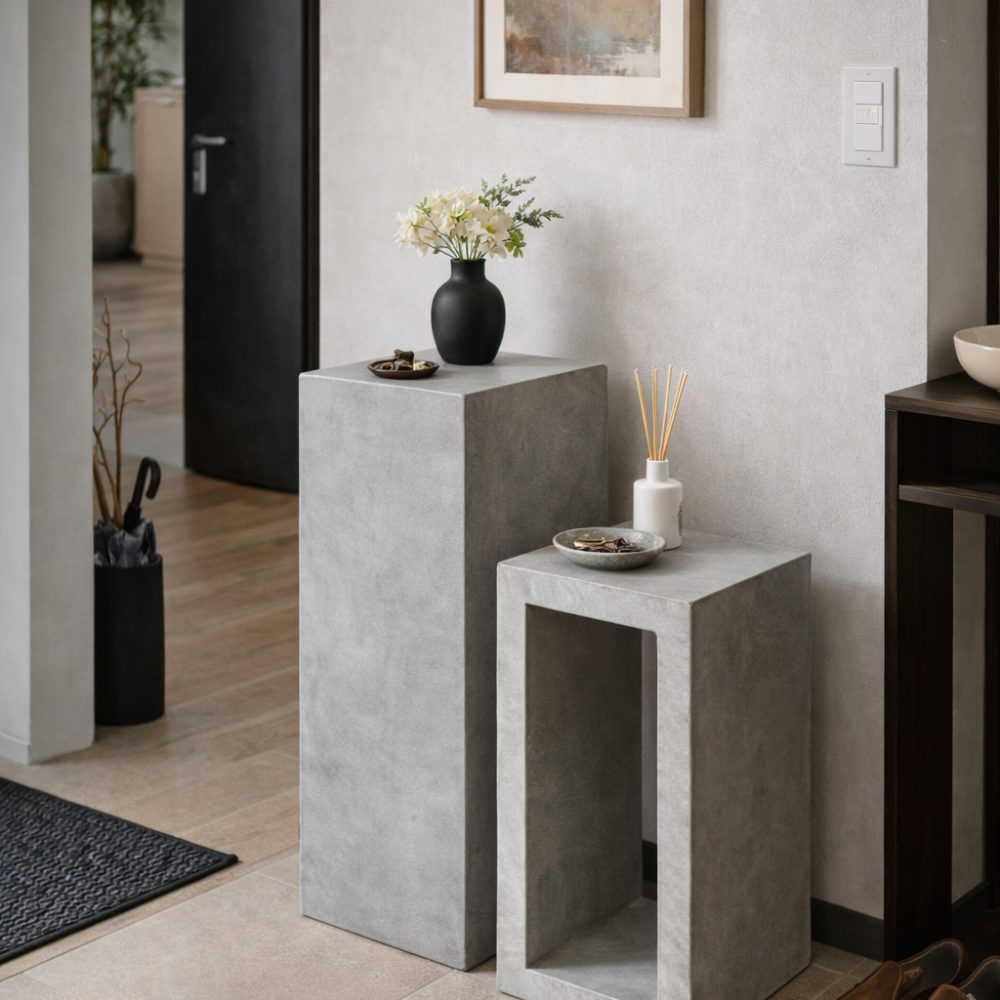 ディスプレイテーブルを高さ違いで配置することで、空間に自然なリズムと奥行きが生まれます