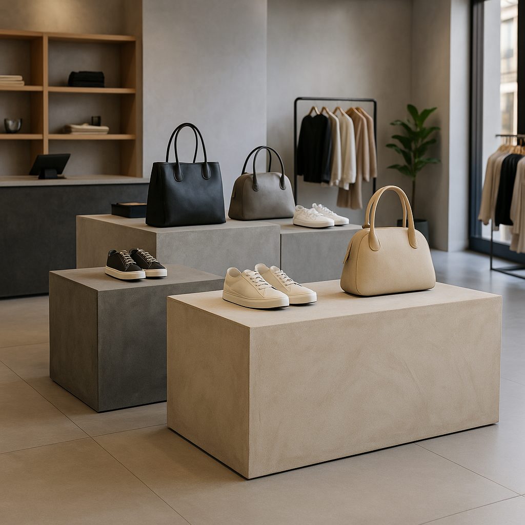 店舗空間では、高さの異なるディスプレイテーブルを組み合わせ